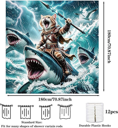 Funny Cat Shower Curtain, Fun Cartoon Shark Riding Bath Curtain | 72x72 Inches, Waterproof Polyester Fabric, Ocean Themed Bathroom Decor for Teens, Includes 12 Hooks, Grey Blue Design