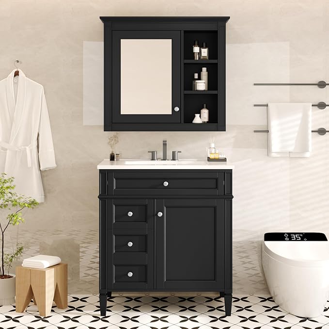 Merax 30 Inch Bathroom Vanity with Sink Set, Modern Bathroom Vanity Storage Cabinet with Matching Mirror Medicine Cabinet, Solid Wood Frame，Painted Finish, 2 Drawers and 1 Tip-Out Drawer, Black