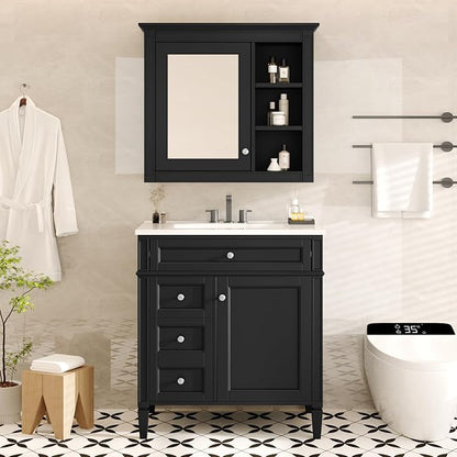Merax 30 Inch Bathroom Vanity with Sink Set, Modern Bathroom Vanity Storage Cabinet with Matching Mirror Medicine Cabinet, Solid Wood Frame，Painted Finish, 2 Drawers and 1 Tip-Out Drawer, Black