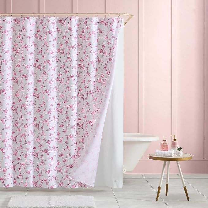Betsey Johnson - Shower Curtain Set, 72 x 72 Bathroom Curtain with PEVA Shower Liner and 12 Pack Hooks, Soft Textured Polyester Curtain, Floral Toile Pink