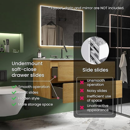 36" Bathroom Vanity with Sink, Modern Floating Vanity with Double Soft-Closing Drawers, Large Storage for Small Space, Natural Oak, Fully Assembled - Iris Collection