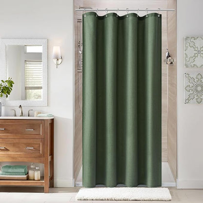 48 Inch Shower Curtain - Stall Narrow Half Green Linen Ultra Thick Fabric Shower Curtain Set with Hooks, Boho Farmhouse Rustic RV Camper Bath Curtains for Bathroom, Olive Green, 48x72