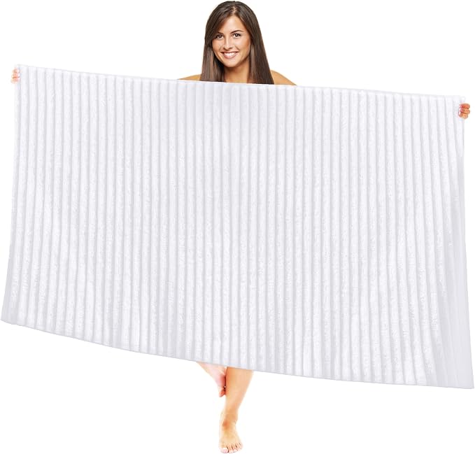 Elegant Comfort 100% Turkish Cotton Corduroy Ribbed Luxury Jumbo Bath Towel Ultra Soft - 35 x 70 Inch - Luxury Spa Premium Hotel Quality Highly Absorbent and Quick Dry Large Bath Towel, White