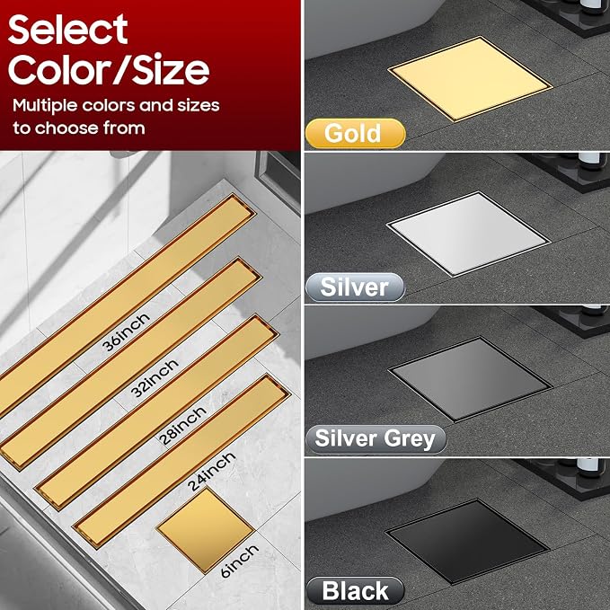 DLONE® Shower Drain | 6 Inch Brushed Gold with Tile Insert Panel | Square Shower Drain, with Hair Catcher, Shower Floor Drain Fits Bathroom & Balcony etc