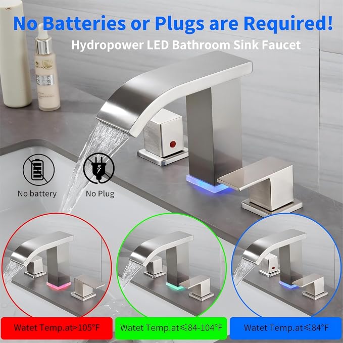 Bathroom faucets 3 Hole Brushed Nickel Vanity Faucet with led Waterfall Bathroom Faucet 3 Hole Sink Faucet Bathroom 8 inch Widespread Modern Parts Touch on 2 Handle(Brushed Nickel)