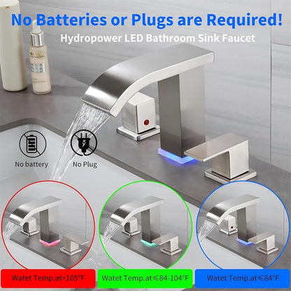 Bathroom faucets 3 Hole Brushed Nickel Vanity Faucet with led Waterfall Bathroom Faucet 3 Hole Sink Faucet Bathroom 8 inch Widespread Modern Parts Touch on 2 Handle(Brushed Nickel)