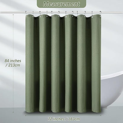 Waterproof Fabric Shower Curtain Extra Long Waffle Weave Heavy Duty Bathroom Shower Curtain Set, 256GSM Weighted Thick Shower Curtain with 12 Rust-Resistant Hooks,72Wx84H Sage Green