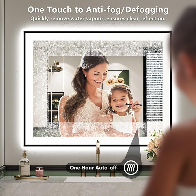 24x30 LED Bathroom Mirror with Lights, Black Framed Lighted Mirror | Backlit and Front Light, Anti-Fog, 3 Color Dimmable, Memory, Tempered Glass, IP54 Waterproof, UL Listed