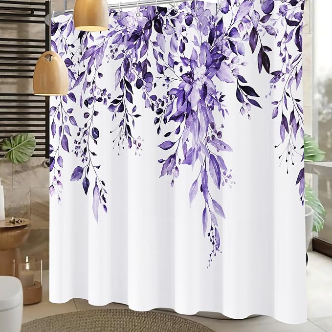 Shower Curtain,Purple Eucalyptus Shower Curtains for Bathroom,Watercolor Leaves Bathroom Curtains Washable Waterproof Leaf Shower Curtain Sets Botanical Shower Curtain Plants 72x72 with Hooks