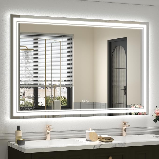 OKPAL 55x36 LED Bathroom Mirror with Lights, Anti-Fog Lighted Bathroom Mirror, Dimmable Lighted Mirrors for Bathroom Wall, LED Vanity Mirror, Shatterproof, ETL Listed, Horizontal/Vertical
