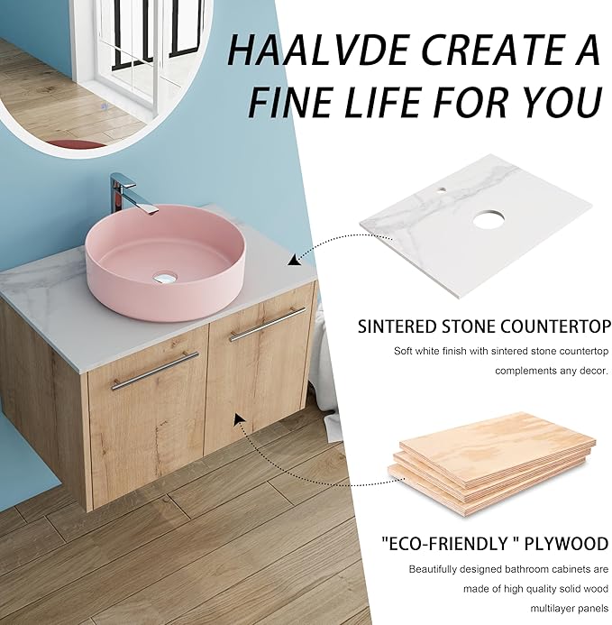 30" Floating Vanity with Sink, 30 Inch Bathroom Vanity with Sink, Modern Plywood Floating Cabinet with Sintered Stone Countertop and Pink Ceramic Basin, Soft Close Doors