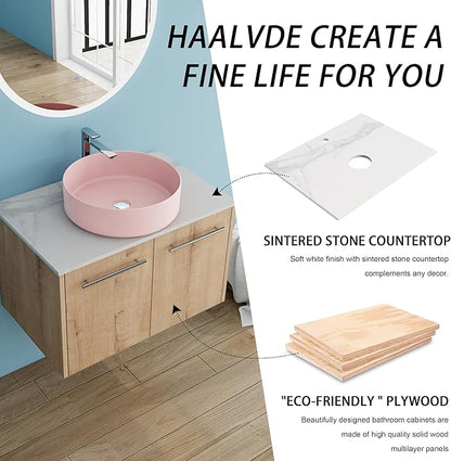 30" Floating Vanity with Sink, 30 Inch Bathroom Vanity with Sink, Modern Plywood Floating Cabinet with Sintered Stone Countertop and Pink Ceramic Basin, Soft Close Doors