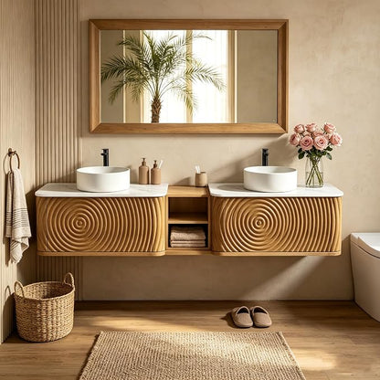 84" Floating Bathroom Vanity with Double Sink, Mid-Century Wall Mounted Bathroom Vanity Cabinet with Wood Waved Decor, Ceramic Vessel Basin, Sintered Stone Top, Soft Close Drawer, Side Open Cube