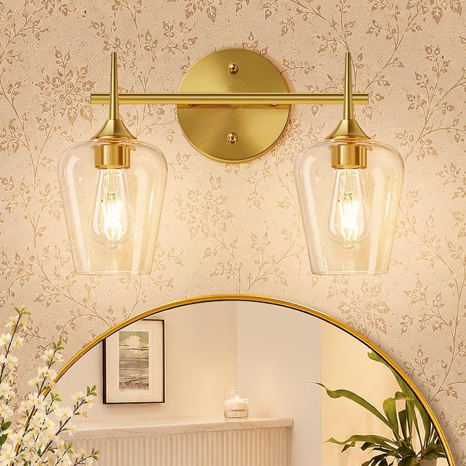 MOKATNG 2-Light Bathroom Light Fixtures, Gold Vanity Lights for Bathroom with Clear Glass, Bathroom Lighting Fixtures Over Mirror, Modern Wall lamp for Cabinet Hallway