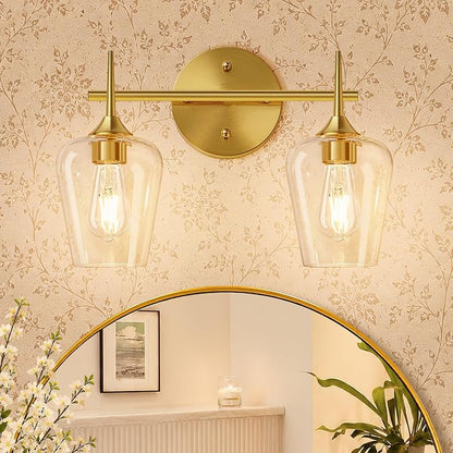 MOKATNG 2-Light Bathroom Light Fixtures, Gold Vanity Lights for Bathroom with Clear Glass, Bathroom Lighting Fixtures Over Mirror, Modern Wall lamp for Cabinet Hallway