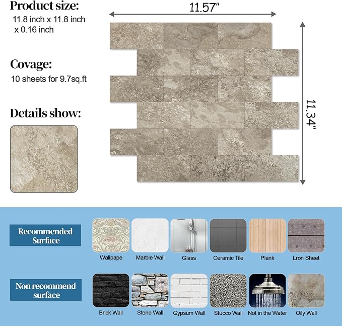 2026 New Upgrade Peel and Stick Backsplash Tile, Peel and Stick 11.34" X 11.57" Wall Tile for Kitchen, Bathroom, Fireplace, Laundry (Brownish Stone, 10 Packs)