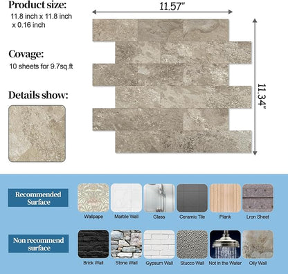 2026 New Upgrade Peel and Stick Backsplash Tile, Peel and Stick 11.34" X 11.57" Wall Tile for Kitchen, Bathroom, Fireplace, Laundry (Brownish Stone, 10 Packs)
