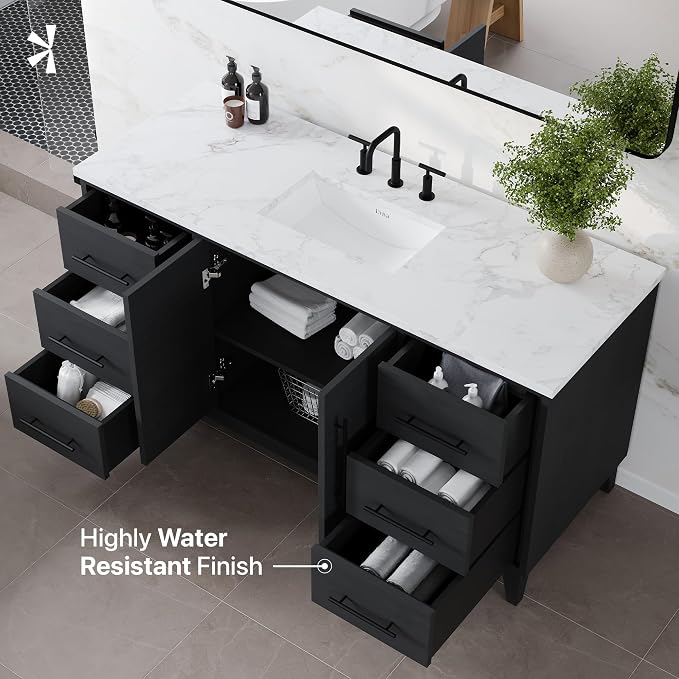 Graham 60 in. Blackwood Single Sink Bath Vanity with Arabescato Engineered Stone Top and Undermount Porcelain Sink