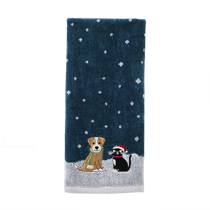 SKL Home Christmas/Winter Cat & Dog Hand Towel 2pc Set for Bath/Kitchen & Gift, Teal