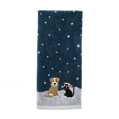 SKL Home Christmas/Winter Cat & Dog Hand Towel 2pc Set for Bath/Kitchen & Gift, Teal