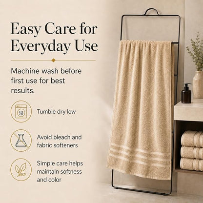 Velqora Bath Towels, 2 Pack, 30x60 in, 100% Cotton, Soft & Absorbent, Beige | Balanced Weight | Everyday Comfort | Easy Care