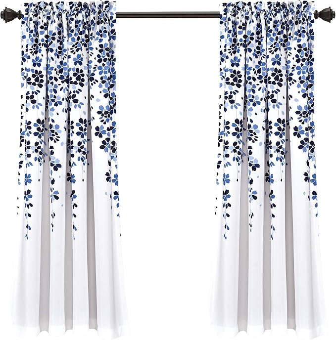 Lush Decor Weeping Flower Light Filtering Window Curtain Panels, Pair, 52"W x 63"L + 2" Header, Navy & Blue - Charming Modern Floral Curtains for Living Room, Dining Room, & Bedroom