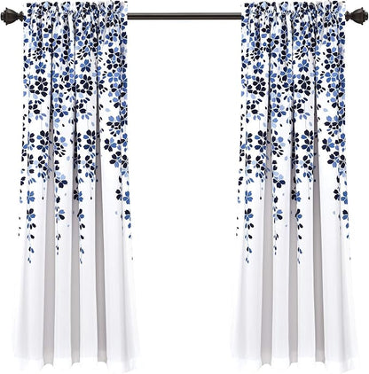 Lush Decor Weeping Flower Light Filtering Window Curtain Panels, Pair, 52"W x 63"L + 2" Header, Navy & Blue - Charming Modern Floral Curtains for Living Room, Dining Room, & Bedroom