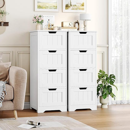 FOTOSOK Bathroom Storage Cabinet, Set of 2, Bathroom Cabinet with 4 Drawers, 11.8” x 11.8” x 32.5” Freestanding Entryway Cupboard Storage Organizer Unit Home Furniture Decor, White