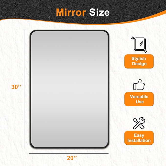 Bathroom Vanity Mirror, Black Framed Mirror for Over Sink, 30x20 | HD glass, distortion-free for makeup and grooming, Sturdy frame, all mounting hardware, hangs horizontal or vertical