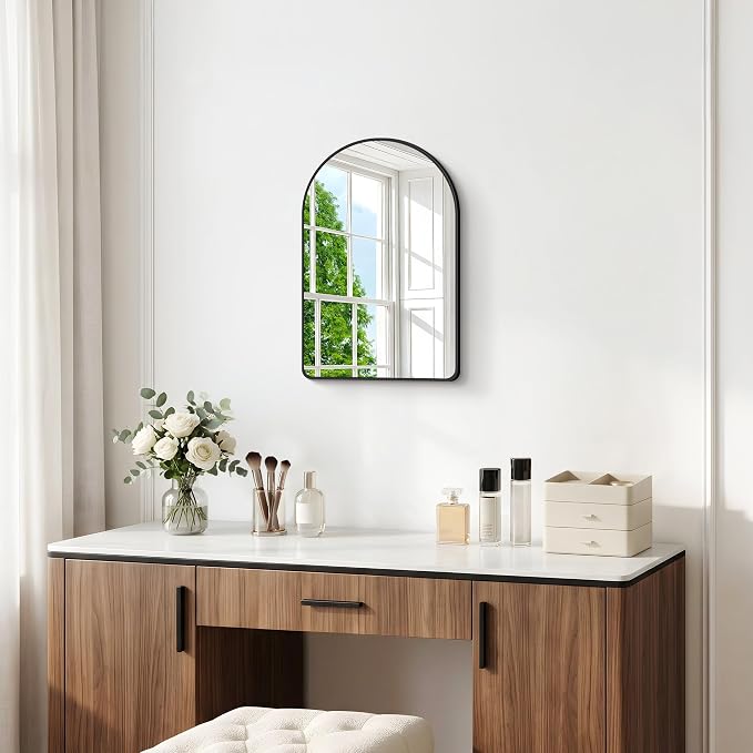 BONEWEI Arched Wall Mirror,18x24 inch Black Arched Mirror Bathroom,Vanity Mirror for Over Sink Metal Frame,Tempered Glass Arch Mirrors for Bedroom,Entryway,Living Room,Home Decor Shatter-Proof