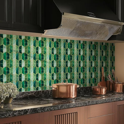 funlife Holographic Emerald Art Deco Peel and Stick Backsplash Self-Adhesive PVC Wall Tiles Easy DIY with Tools for Kitchen Bathroom and Laundry Room 5.9"x5.9"x50-Sheet Chevron Emerald
