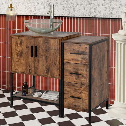 UEV 36" Antique Bathroom Vanity, Dark Brown Bathroom Vanity Set with Sink and 3 Drawers Side Cabinet Combo, Iron Wood Bathroom Cabinet with Adjustable Water Temperature Faucet (A16)