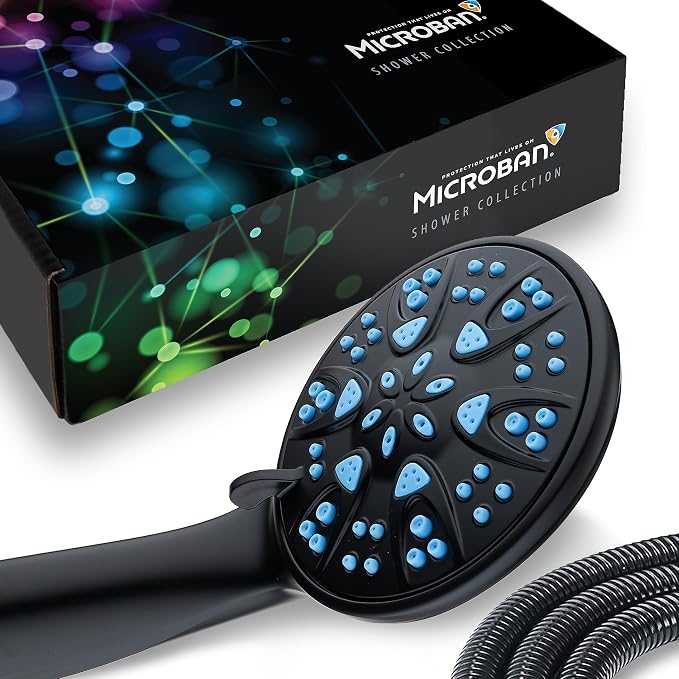 AquaDance Antimicrobial/Anti-Clog High-Pressure 6-Setting Hand with with Microban Nozzle Protection from Growth of Mold, Mildew & Bacteria for Stronger Shower! Aqua Blue Jets – 1.8 GPM