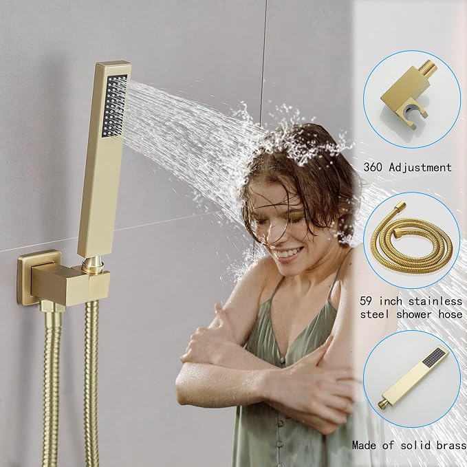 Brushed Gold Shower System, 8 Inch High Pressure Rain Shower with Handheld, Wall Mount Shower Faucet Set for Bathroom, Rough-in Valve Body and Trim Included