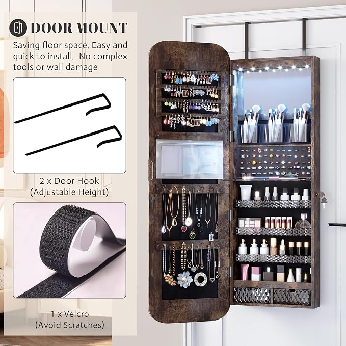 Vlsrka 47.2" Wall/Door Mounted Jewelry Cabinet Organizer Armoire W/Mirror | 6 LEDs, Over The Door Hanging Jewelry Organizer with Rounded Corner Mirror, Lockable Full Length Mirror with Storage, Brown