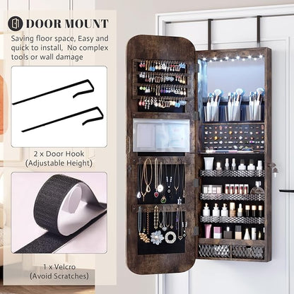Vlsrka 47.2" Wall/Door Mounted Jewelry Cabinet Organizer Armoire W/Mirror | 6 LEDs, Over The Door Hanging Jewelry Organizer with Rounded Corner Mirror, Lockable Full Length Mirror with Storage, Brown