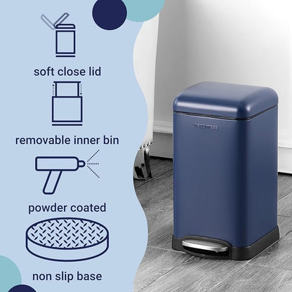 happimess Betty Retro Mini 3.2 Gal Step Trash Can, Denim Blue | Soft-Close Lid, Removable Liner, Iron, Hands-Free Pedal, Satin Finish, Non-Skid Base, Built-In Damper, Modern, Minimalistic
