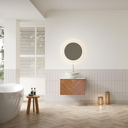 24 Inch Bathroom Vanity with Sink, Floating Fluted Vanity with Vessel Sink, Modern Wall Mounted Bathroom Vanity Cabinet with 2 Doors, Bowl Ceramic Sink & Sintered Stone Top, Oak