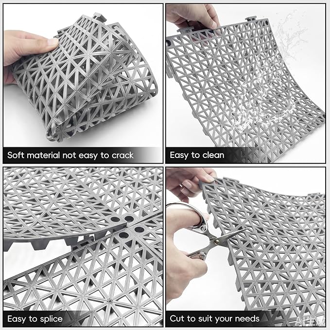 RITOLLO Modular Interlocking Cushion Drainage Floor Tiles, 9-Pack 11.8"x11.8" PVC Raised Non-Slip Interlocking Mats with Drain Holes for Deck, Pool, Garage, Shower, Patio, Bathroom, Sauna, Yard -Gray