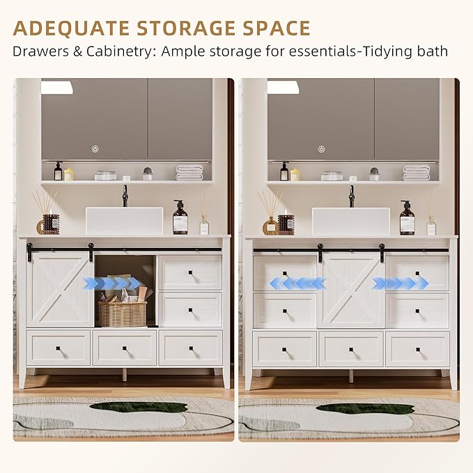 VNN Bathroom Vanity with Sink - 48 Inch Bathroom Vanity with Sink Ceramic, Freestanding Cabinet with Farmhouse Sliding Barn Door and 7 Drawers, Space-Saving Storage Cabinet, Wood Grain Texture, White