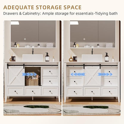 VNN Bathroom Vanity with Sink - 48 Inch Bathroom Vanity with Sink Ceramic, Freestanding Cabinet with Farmhouse Sliding Barn Door and 7 Drawers, Space-Saving Storage Cabinet, Wood Grain Texture, White