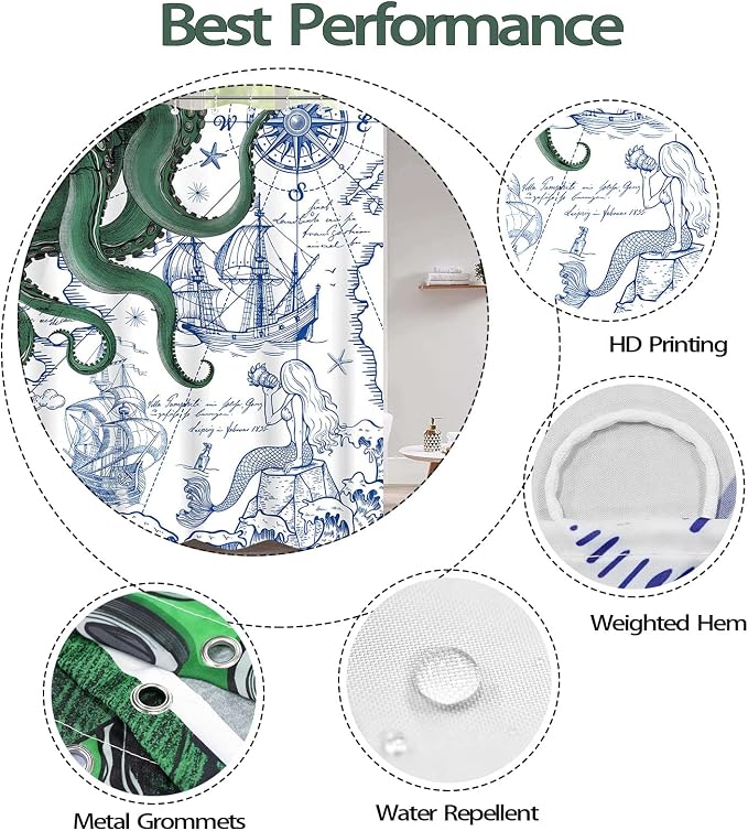 Fungarth Green Nautical Octopus Shower Curtain Navy Blue Mermaid Funny Ocean Kraken Shower Curtains for Bathroom Anchor Coastal Map Waterproof Fabric Bath Curtain Decor with Hooks (Green, 72” x 72”)