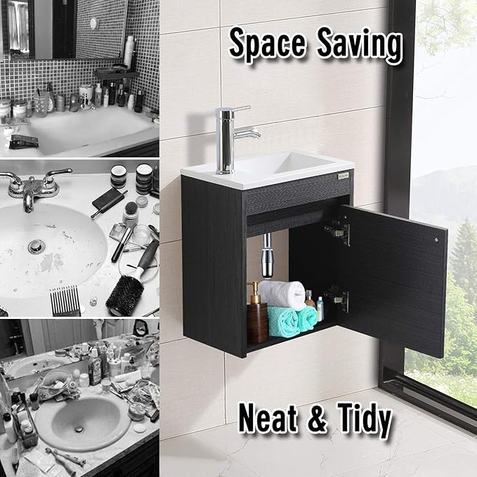 16 Inch Floating Vanity Bathroom Wall Mounted Vanity with Sink Basin & Chrome Faucet Set for Small Spaces (Black)