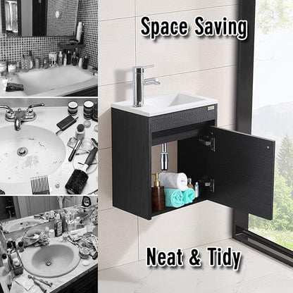 16 Inch Floating Vanity Bathroom Wall Mounted Vanity with Sink Basin & Chrome Faucet Set for Small Spaces (Black)