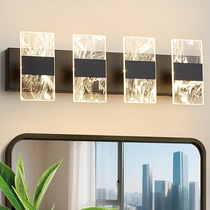 Modern LED Bathroom Light Fixtures Dimmable 4-Light Black Vanity Light, 5CCT Adjustable Lighting Fixture Vanity Lights Over Mirror, Smoked Acrylic LED Vanity Lights for Bathroom
