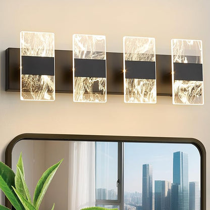 Modern LED Bathroom Light Fixtures Dimmable 4-Light Black Vanity Light, 5CCT Adjustable Lighting Fixture Vanity Lights Over Mirror, Smoked Acrylic LED Vanity Lights for Bathroom
