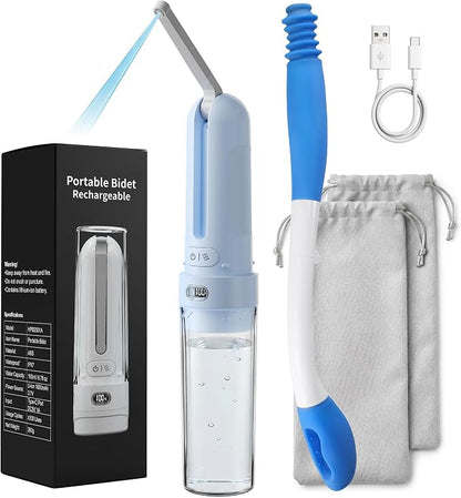 Electric Portable Bidet Toilet Aids Wiper Tool Set, Blue | 2-in-1 travel hygiene kit 15.7" extended length wiping tools 1600mAh Long-lasting Battery USB-C Rechargable IPX7 Waterproof