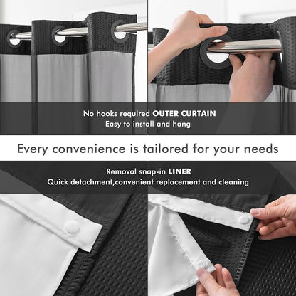 No Hook Black Shower Curtain with Snap-in Fabric Liner 71x74 | Embossed Waffle-Look Textured, Sheer Window, Soft & Lightweight, Water Repellent Fabric Shower Curtain for Bathroom