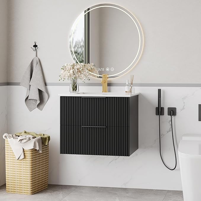 Pipleo 24" Bathroom Vanity Cabinet with Sink and Faucet, Wall Mounted Floating Bathroom Vanity with 2 Big Drawer and Metal Handles (Black, 24")
