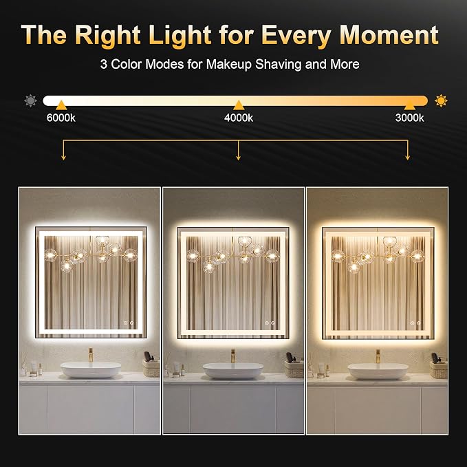 LED Bathroom Mirror with Light, 30x30 Vanity Mirror for Wall with Frame | Anti-Fog, Dimmable 3 Colors, Memory Function, Backlit and Front Lit, Shatter-Proof Glass, Plug-in/Hardwired